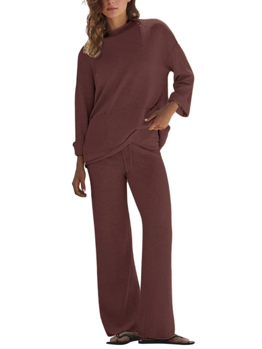 Womens Knit Sweater Set 2 Piece Long Sleeve Top Wide Leg Pants